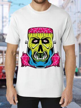 Graphic Monster Skull Tee in White with Neon Accents